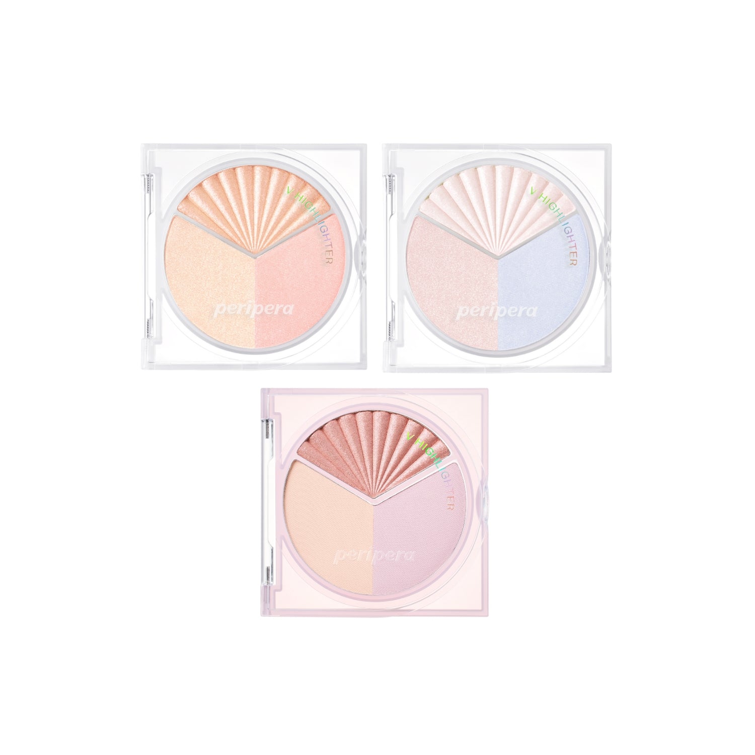 Peripera V Highlighter with shimmering powder in a sleek compact, perfect for highlighting cheekbones and adding glow.
