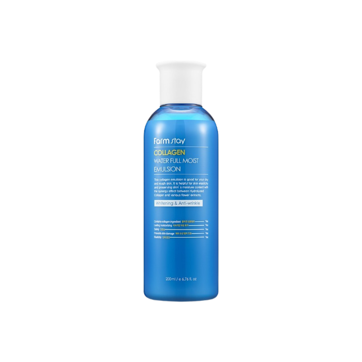 Farmstay Collagen Water Full Moist Emulsion in 200ml bottle, a lightweight face moisturizer for hydration and skin support.