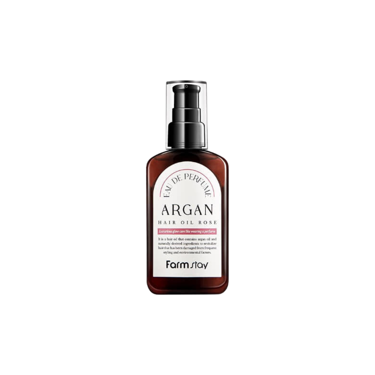 Farmstay Eau De Perfume Argan Hair Oil Rose 100ml bottle, showcasing luxurious conditioner and treatment for silky, fragrant hair.