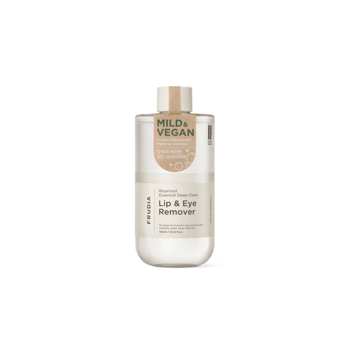 Frudia Re:proust Essential Deep Clean Lip and Eye Makeup Remover 300ml bottle with clear label and cap.