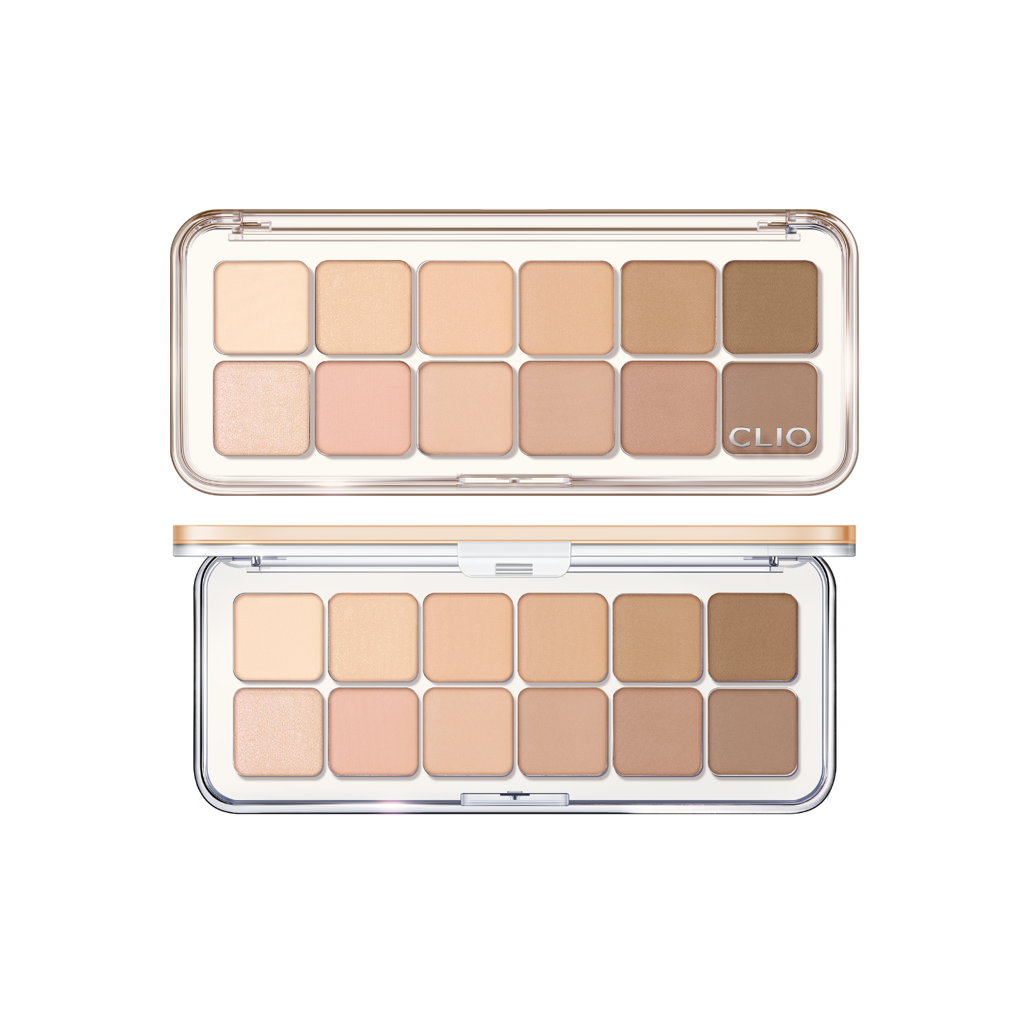 Clio Pro Eye Palette Air eyeshadow palette with neutral and shimmer shades, featuring a sleek compact design.
