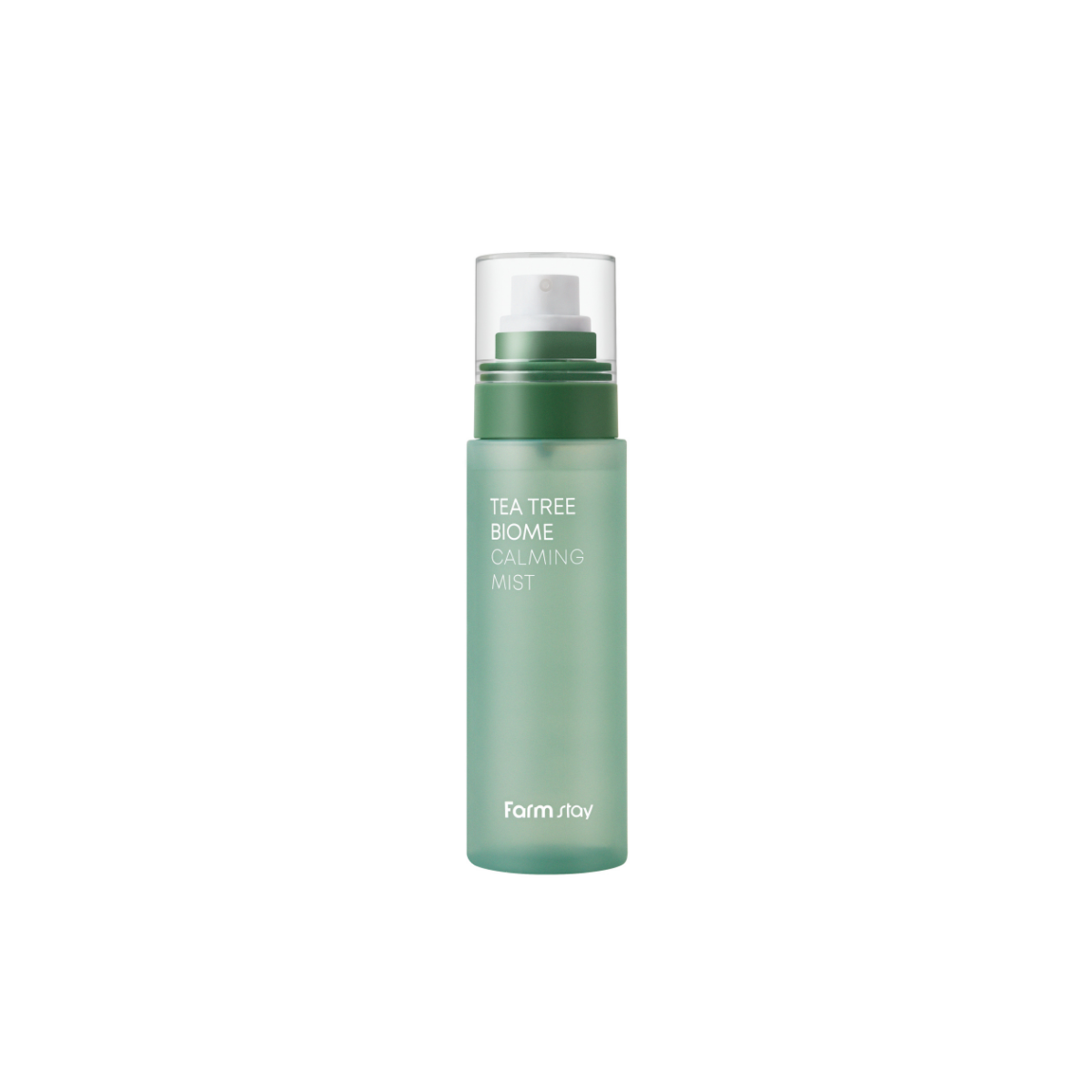 Farmstay Tea Tree Biome Calming Mist 120ml face mist bottle with mist spray nozzle and label showing tea tree imagery.