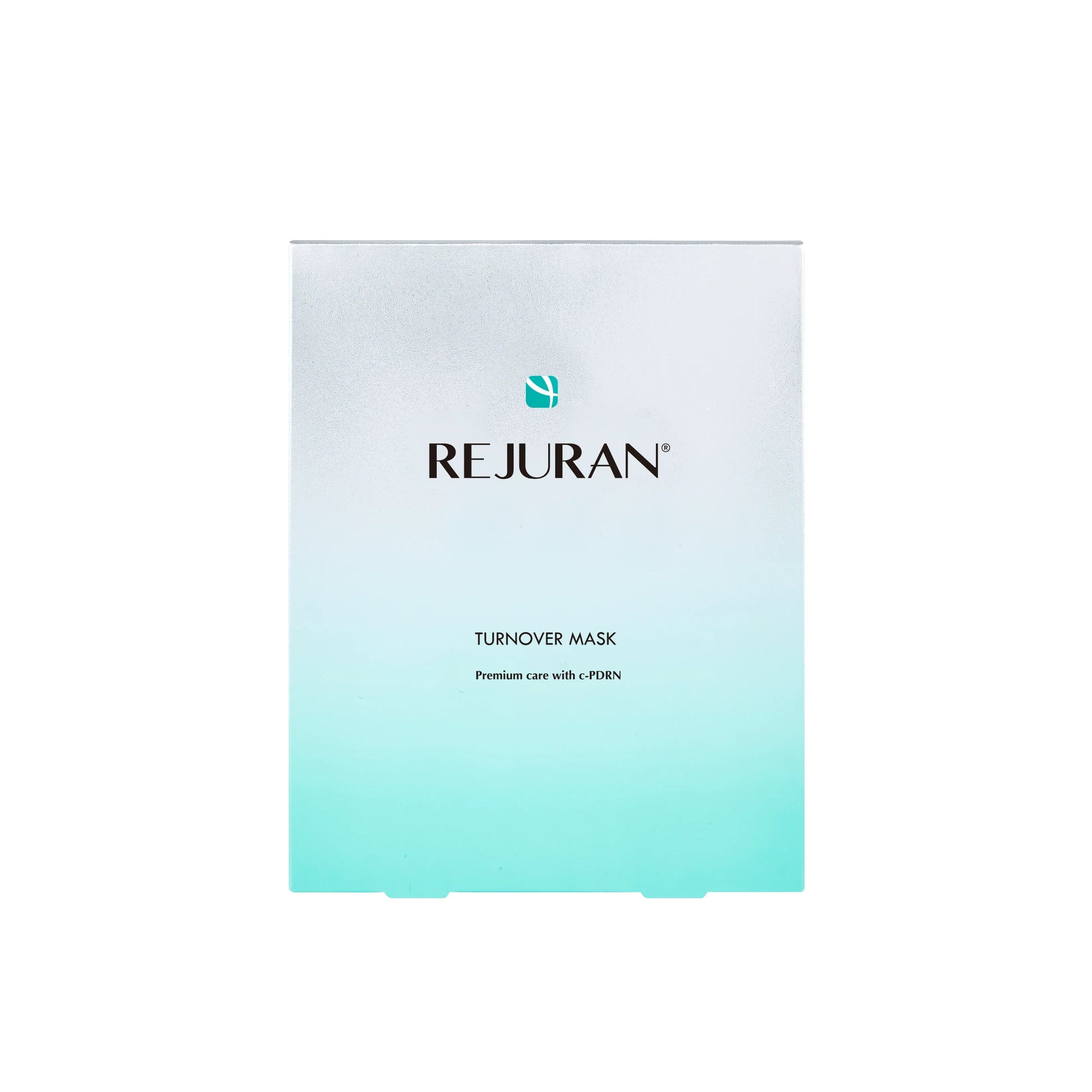 Rejuran Turnover Mask Box with five sheet masks, featuring individual masks with soft fabric sheets for skincare.