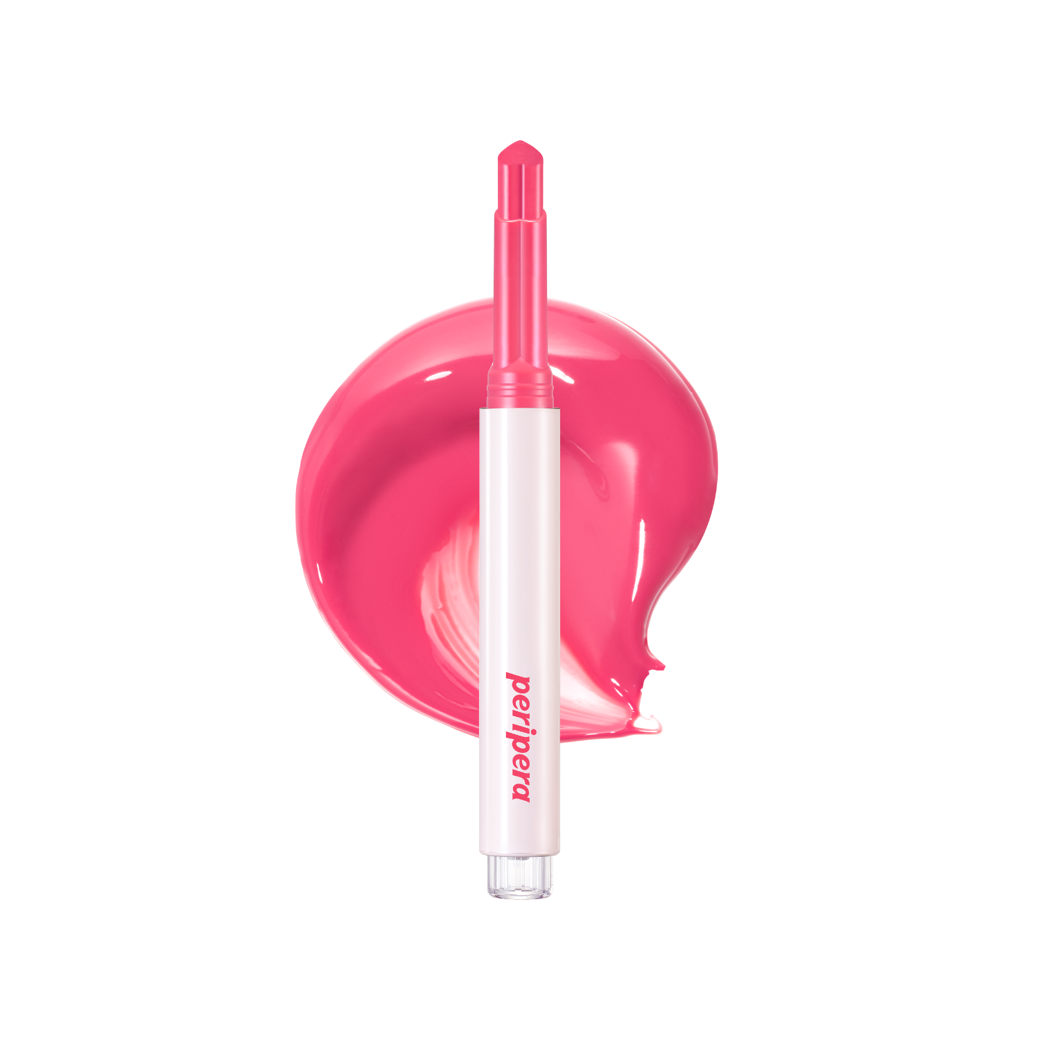 Peripera Heart Jam Glow Lipstick in vibrant pink shade, showing the smooth, glossy lipstick tube with heart-shaped packaging design.