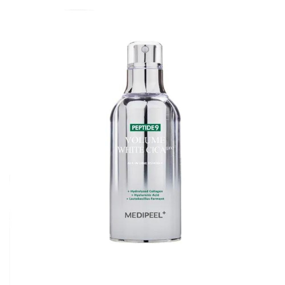 Bottle of MEDIPEEL+ Peptide 9 Volume White Cica Essence Pro in a clear 100mL container with a white label and pump dispenser.
