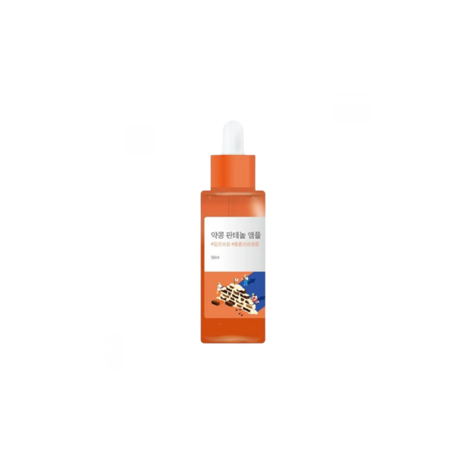 Round Lab soybean panthenol ampoule 50ml, clear glass bottle with dropper cap, used for skincare and hydration.