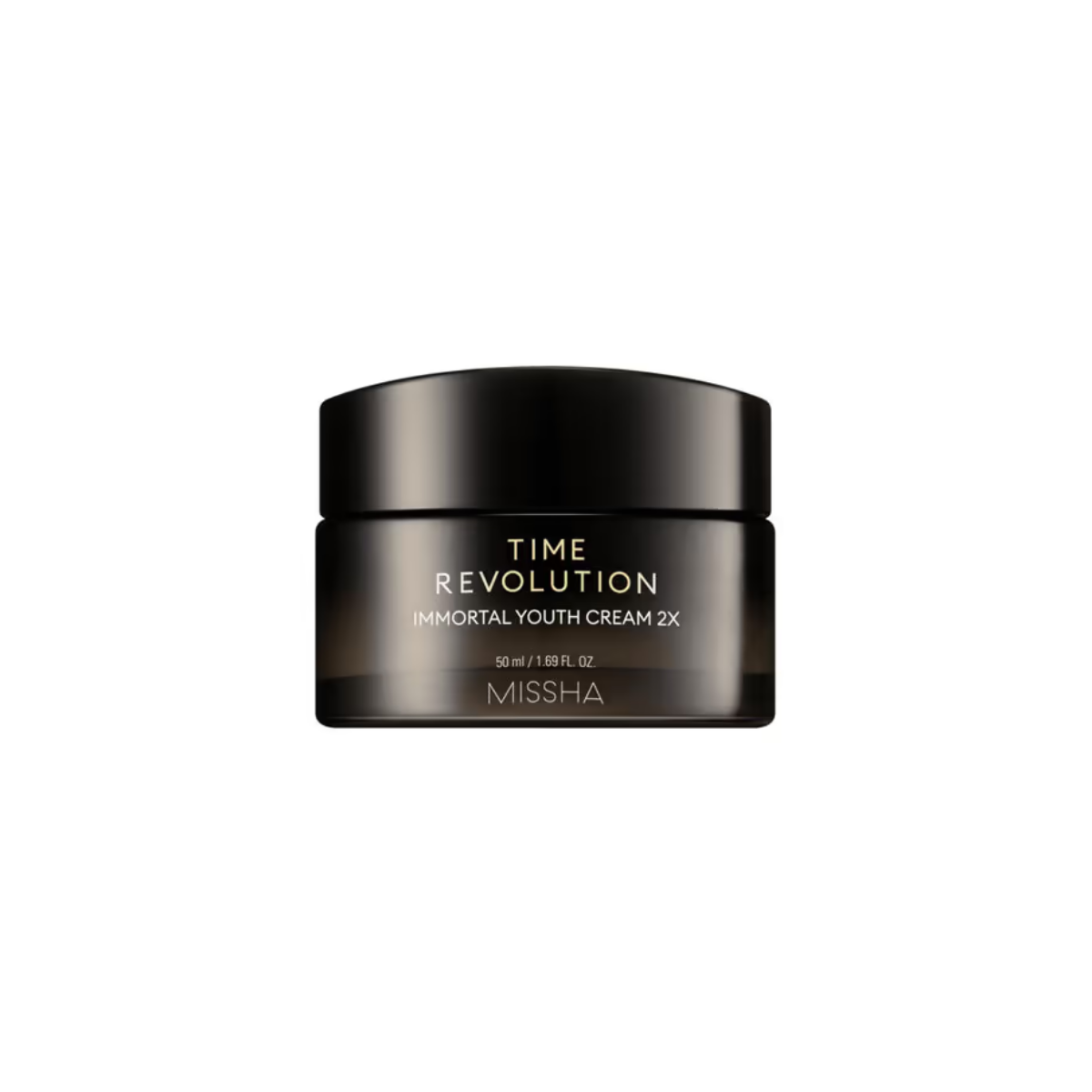 Missha Time Revolution Immortal Youth Cream 2X 50ml face moisturizer jar with white and gold packaging.