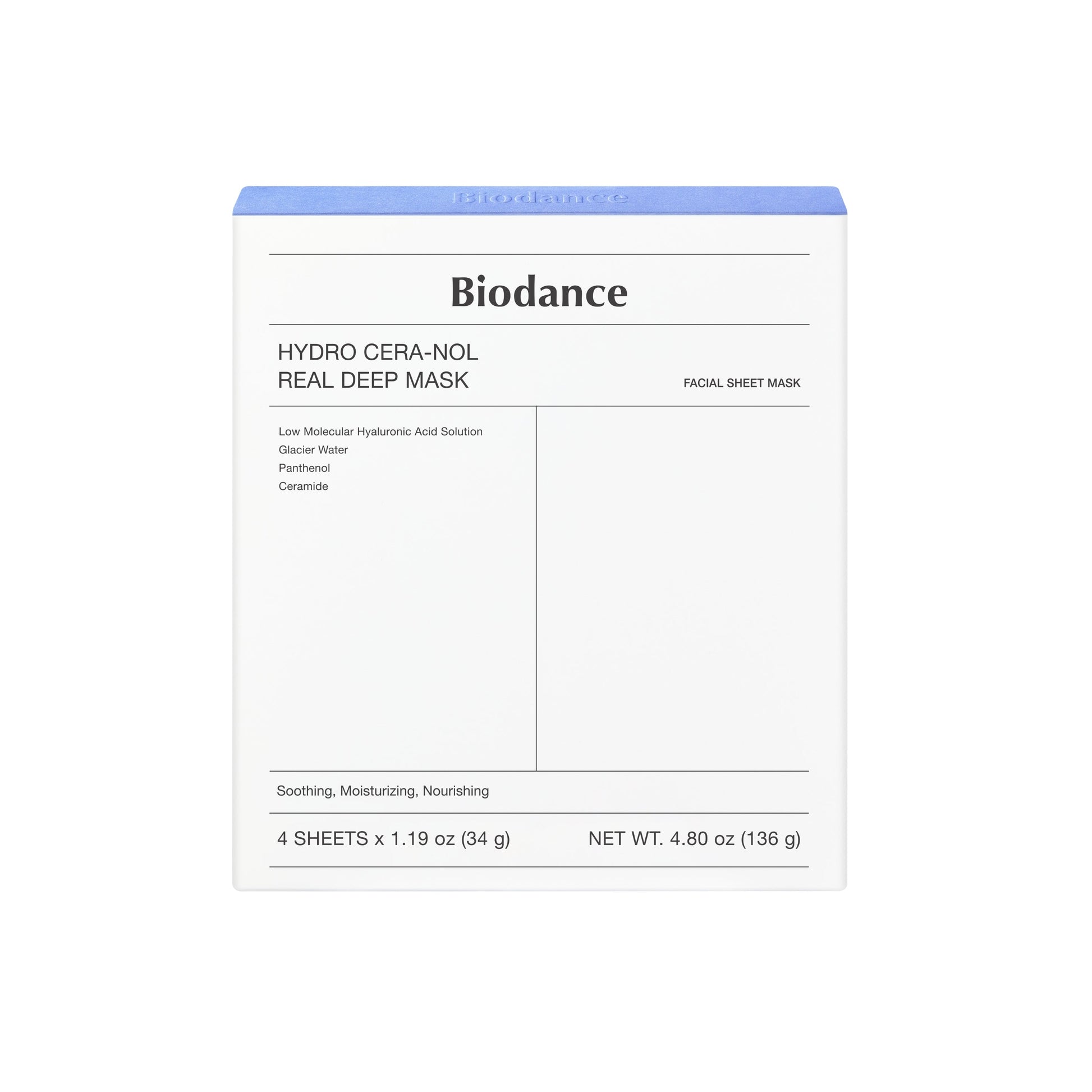 Biodance Hydro Cera-nol Real Deep Mask Sheet Mask box with four skincare masks for deep hydration and skin revitalization.