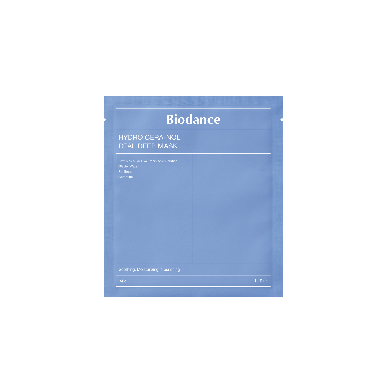 Biodance Hydro Cera-nol Real Deep Mask sheet masks in a box of four, showing the packaging and individual masks.