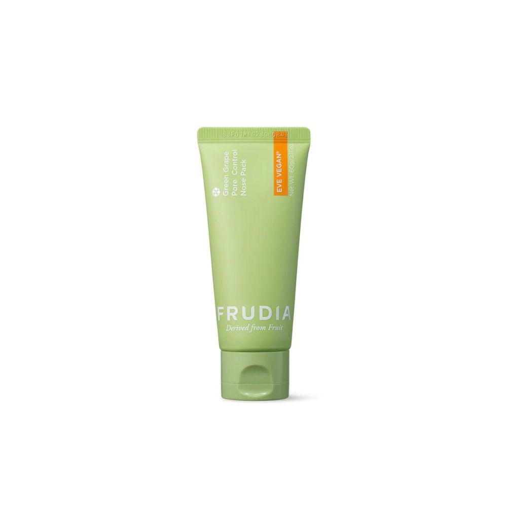 Frudia Green Grape Pore Control Nose Pack wash-off mask in a 60g tube with green grape illustration and product label.