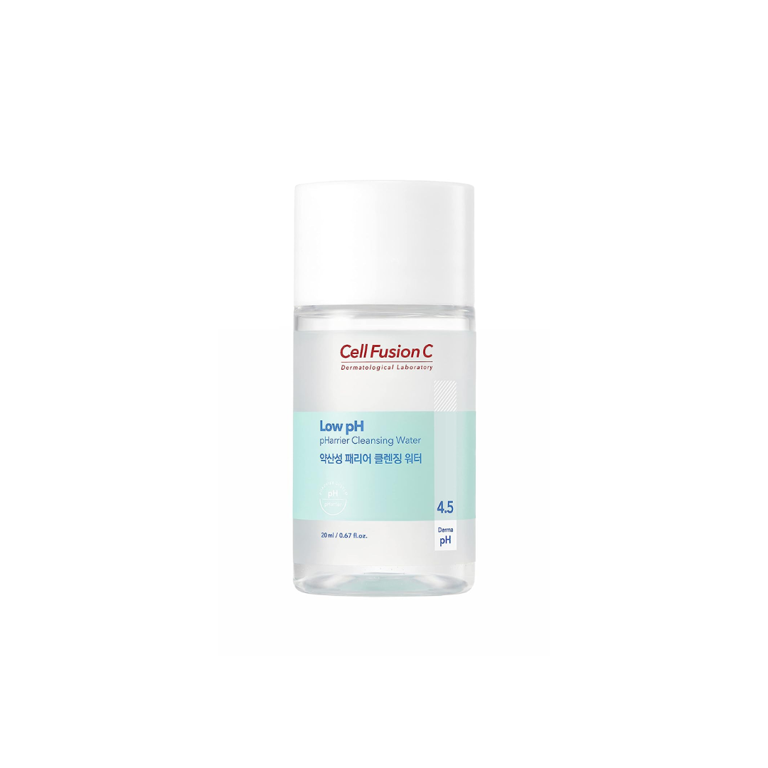 Cell Fusion C Low pH pHarrier 4-piece skincare set with cleanser, toner, serum, and moisturizer bottles arranged on a white background.