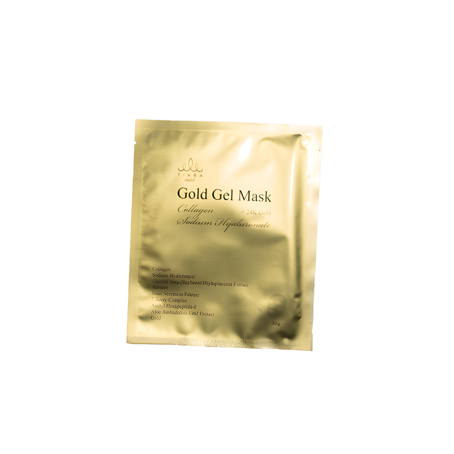 Tiara Gold 24K Gold Gel Sheet Mask showing a luxurious gold-colored facial mask designed for skin rejuvenation.
