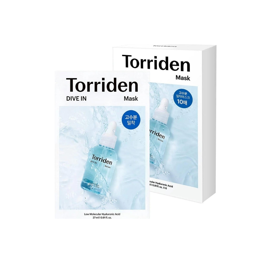 Torriden Dive-In Low Molecule Hyaluronic Acid Sheet Mask box with 10 individually packaged sheet masks for hydration and skin nourishment.