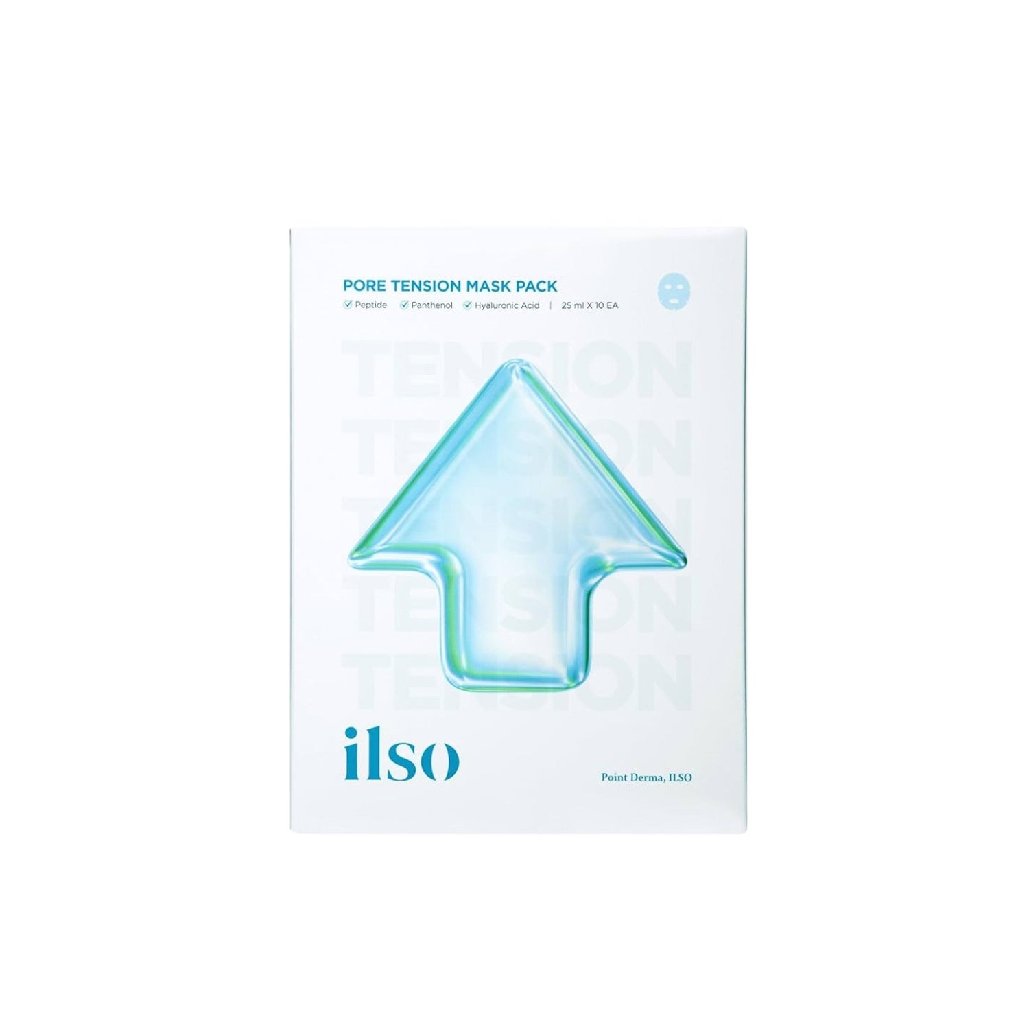 ILSO Peptide Pore Tension Sheet Mask box with 10pcs, showcasing individual mask sheets designed to tighten pores and improve skin elasticity.