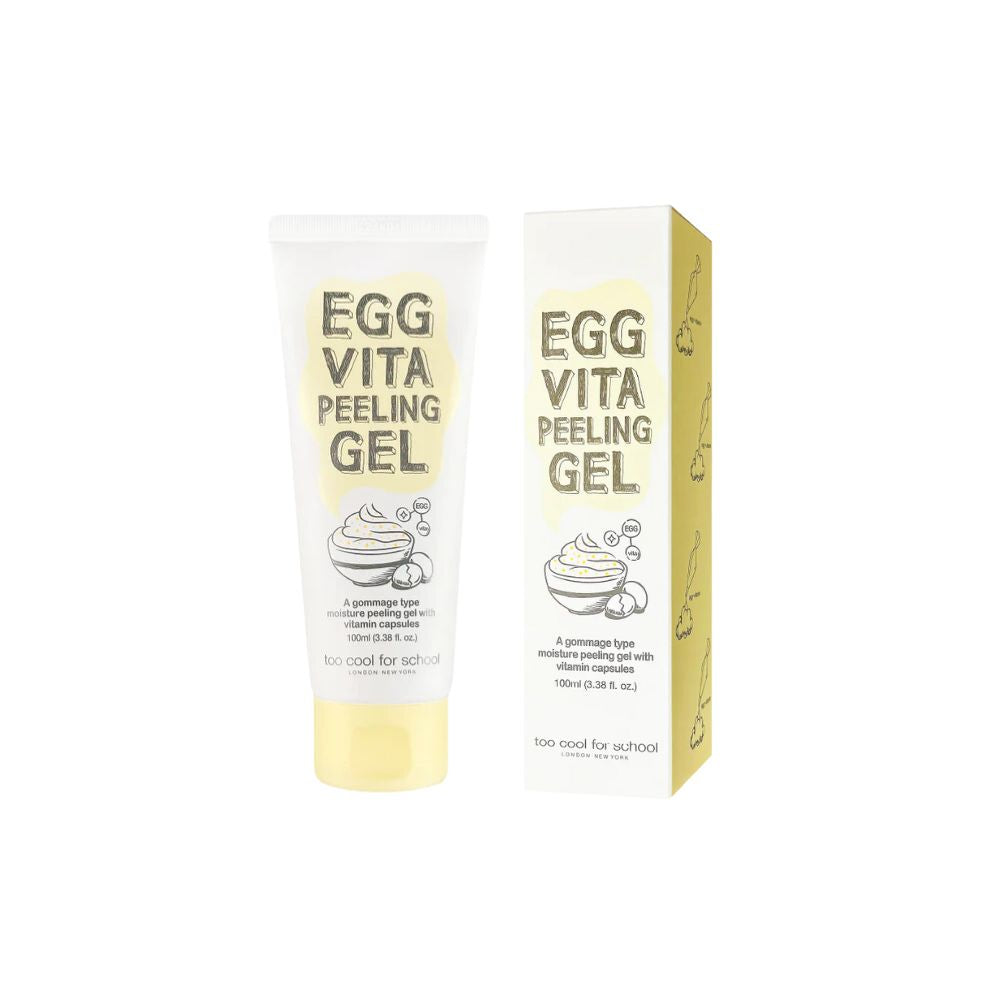 Too Cool For School Egg Vita Peeling Gel 100ml exfoliant with natural ingredients, showing the gel texture and packaging.