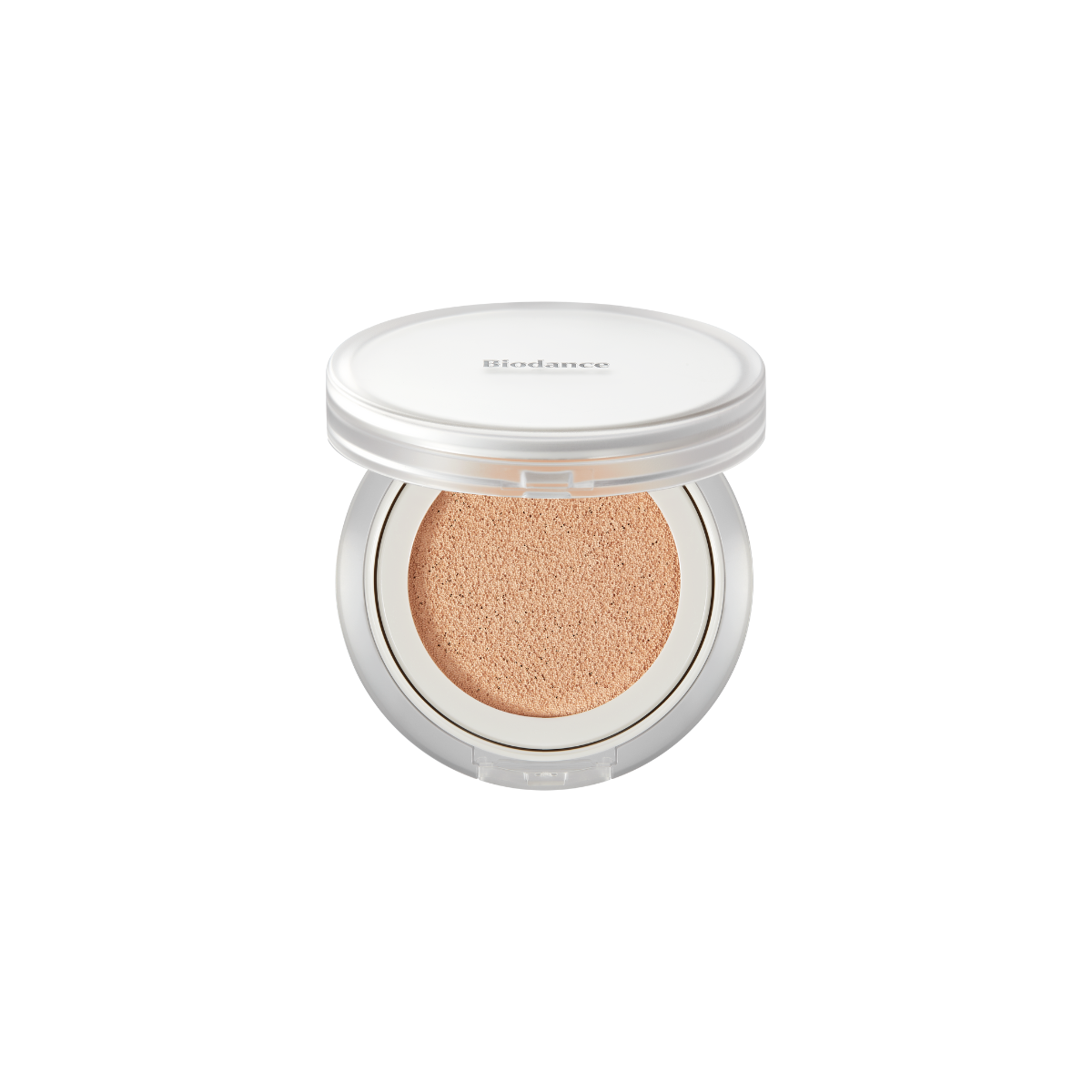 Biodance Radiant Pure Essence Cushion foundation in a compact with a mirror and applicator sponge visible inside.