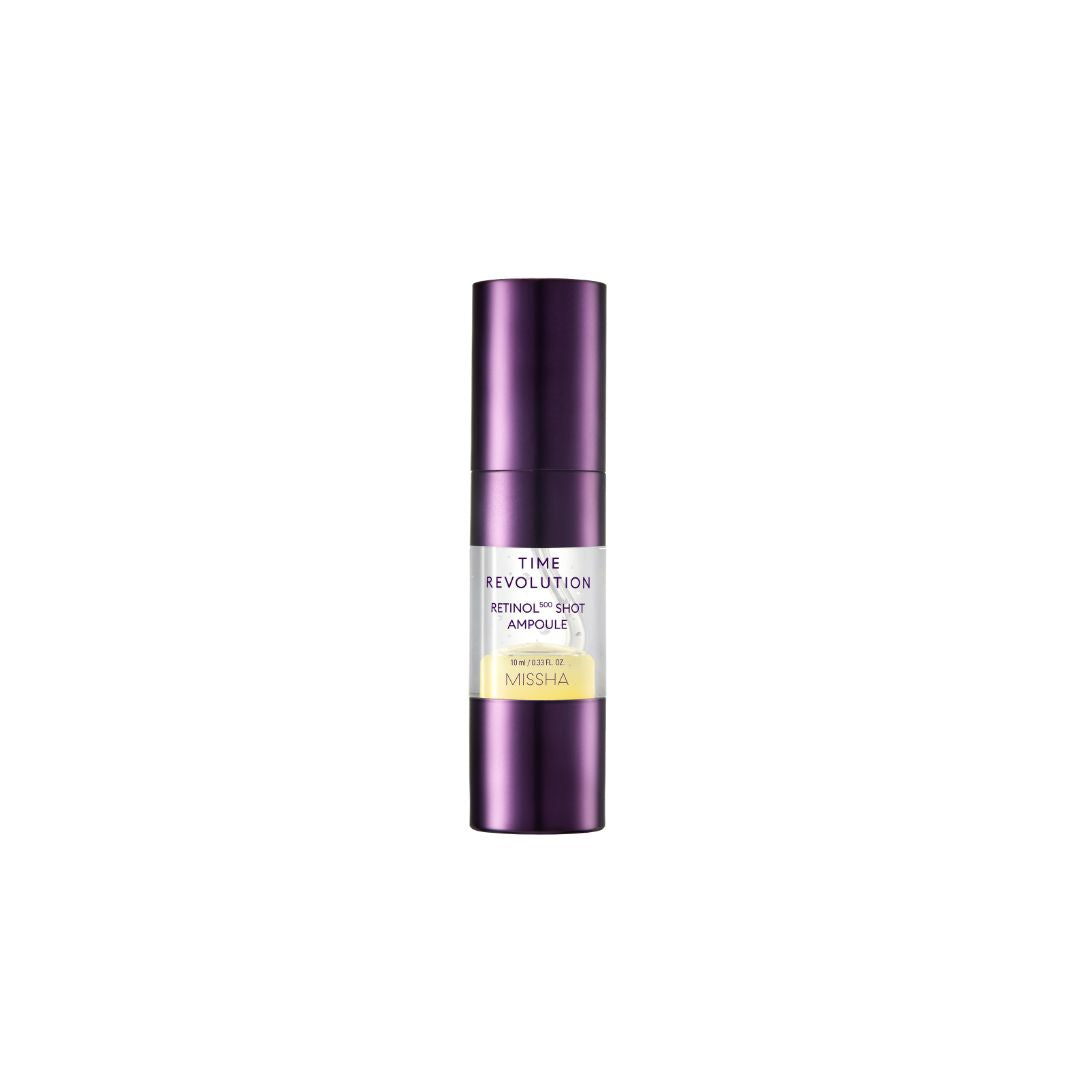 Missha Time Revolution Retinol 500 Shot Ampoule 10ml in a clear glass bottle with a dropper for skincare use