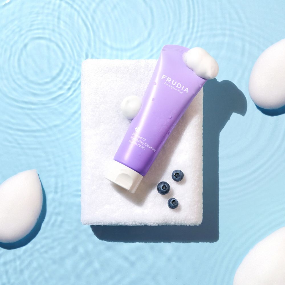 Frudia Blueberry Hydrating Cleansing Gel to Foam, 145ml, a gentle blue gel and foam cleanser with blueberry extract.