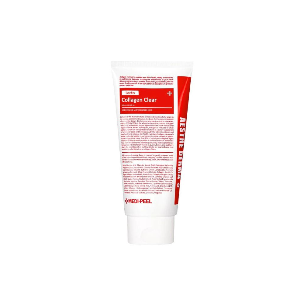 MEDI-PEEL Red Lacto Collagen Clear 2.0 gel and foam cleanser in a 300mL bottle with red and white packaging.