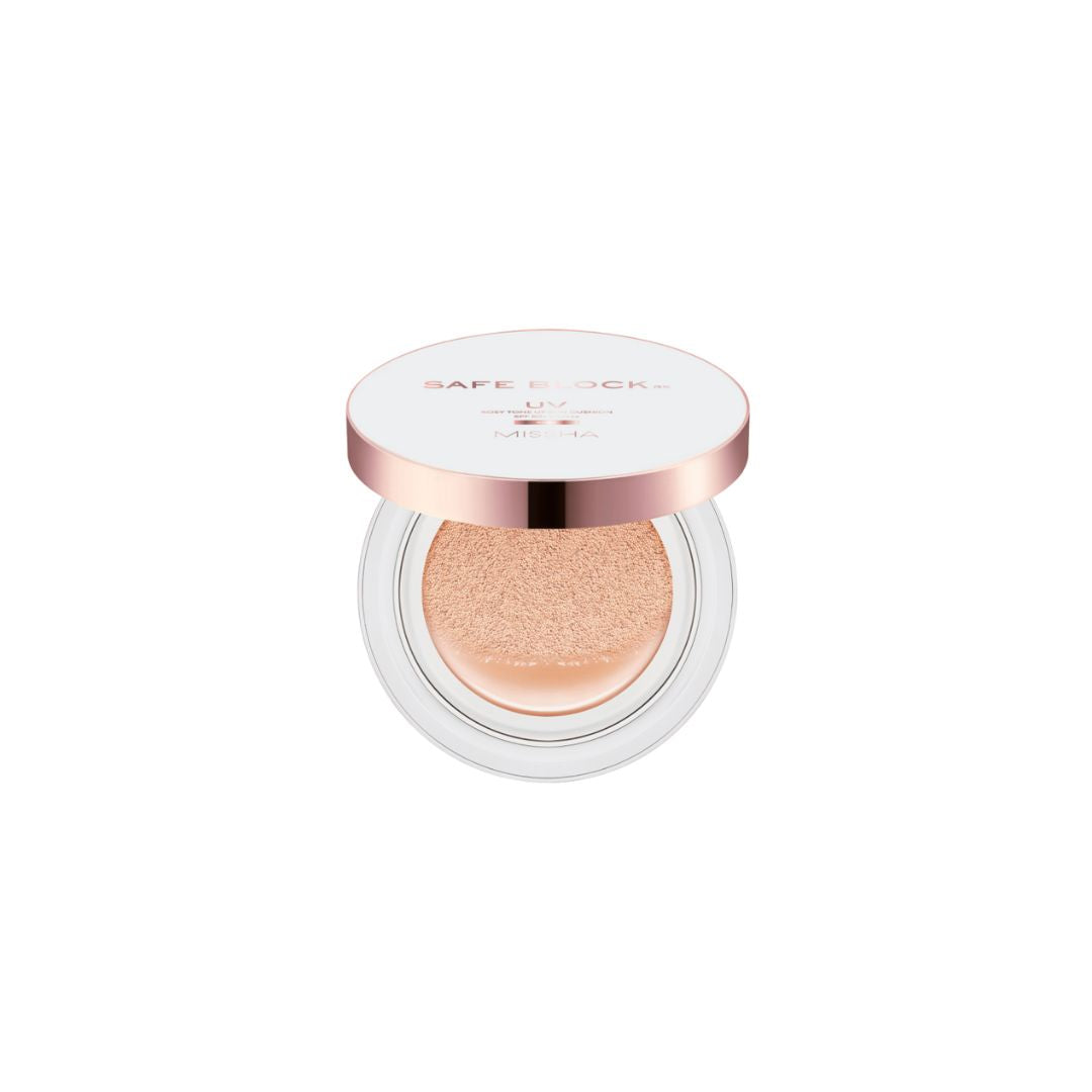 Missha Safe Block Rx Rosy Tone Up Sun Cushion foundation in 12g with pink-toned packaging and open cushion showing the product.