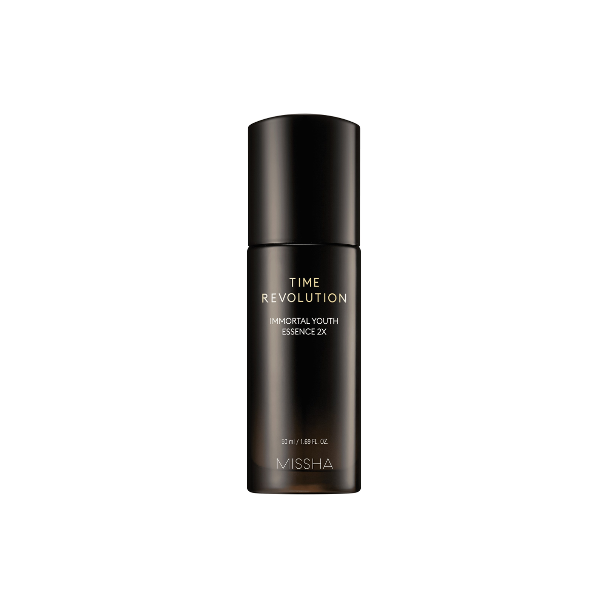 Missha Time Revolution Immortal Youth Essence 2X in a 50ml bottle, showing the elegant packaging and product label.