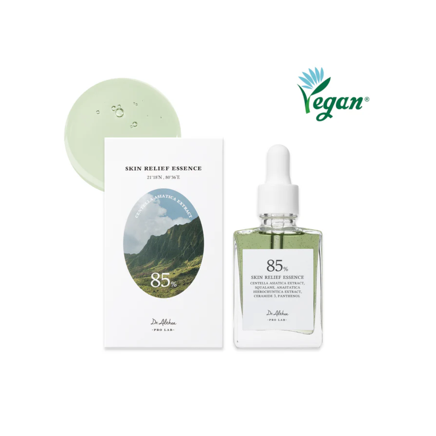 Dr. Althea Skin Relief Essence 30ml bottle showing clear liquid and label, designed to soothe and hydrate skin.