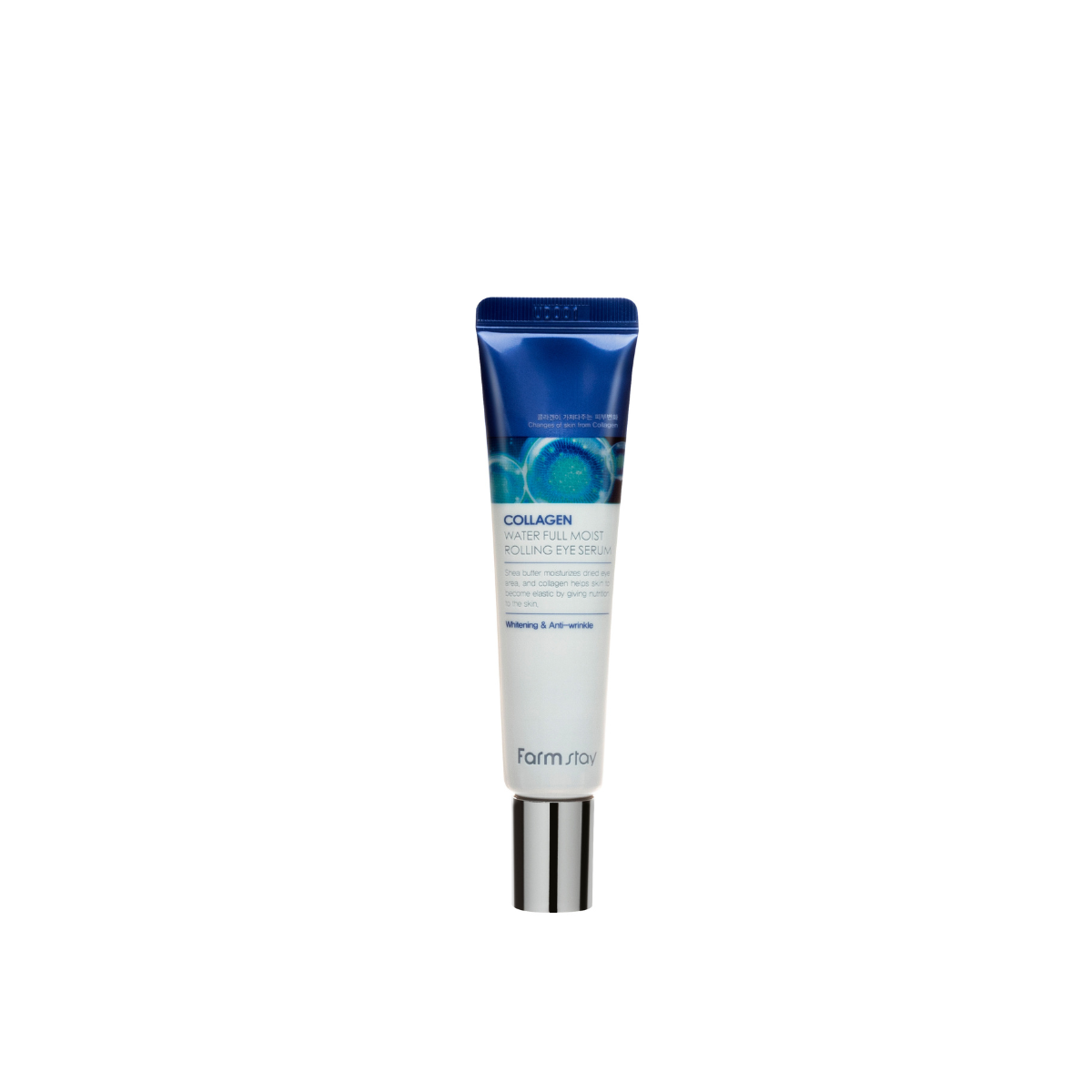 Farmstay Collagen Water Full Moist Rolling Eye Serum 25ml, close-up of the eye serum bottle with applicator tip.