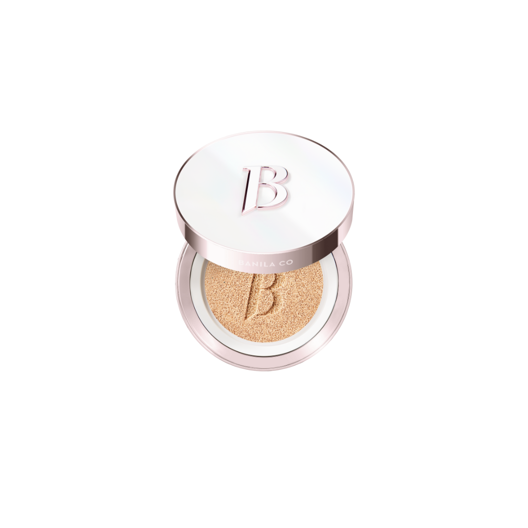Banila Co Covericious Ultimate White Cushion Moisture foundation in an open compact with a puff, showcasing a smooth, white cushion.