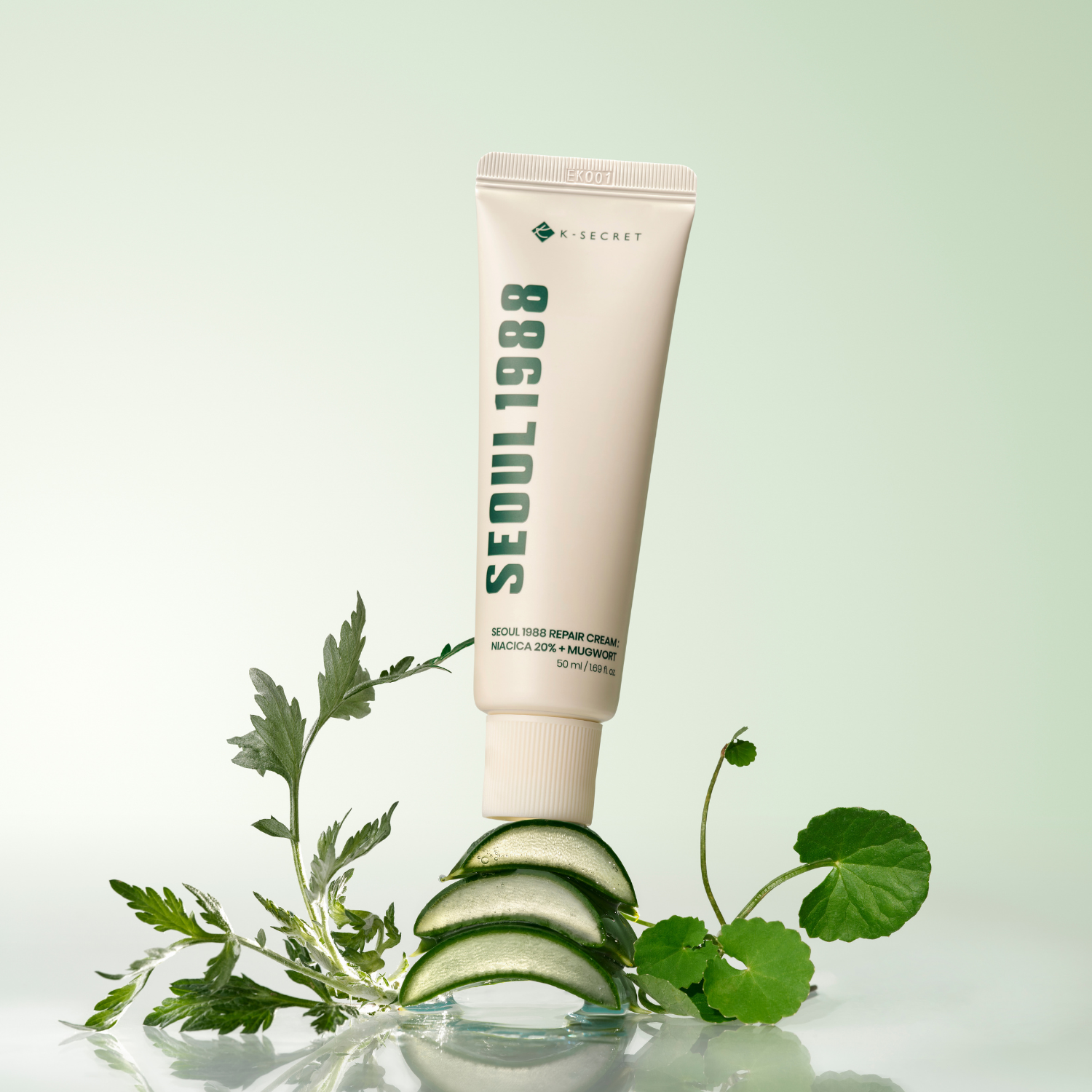 K-Secret Seoul 1988 Repair Cream face moisturizer with Niacica 10% and Mugwort, 50ml, showing the product jar and label.