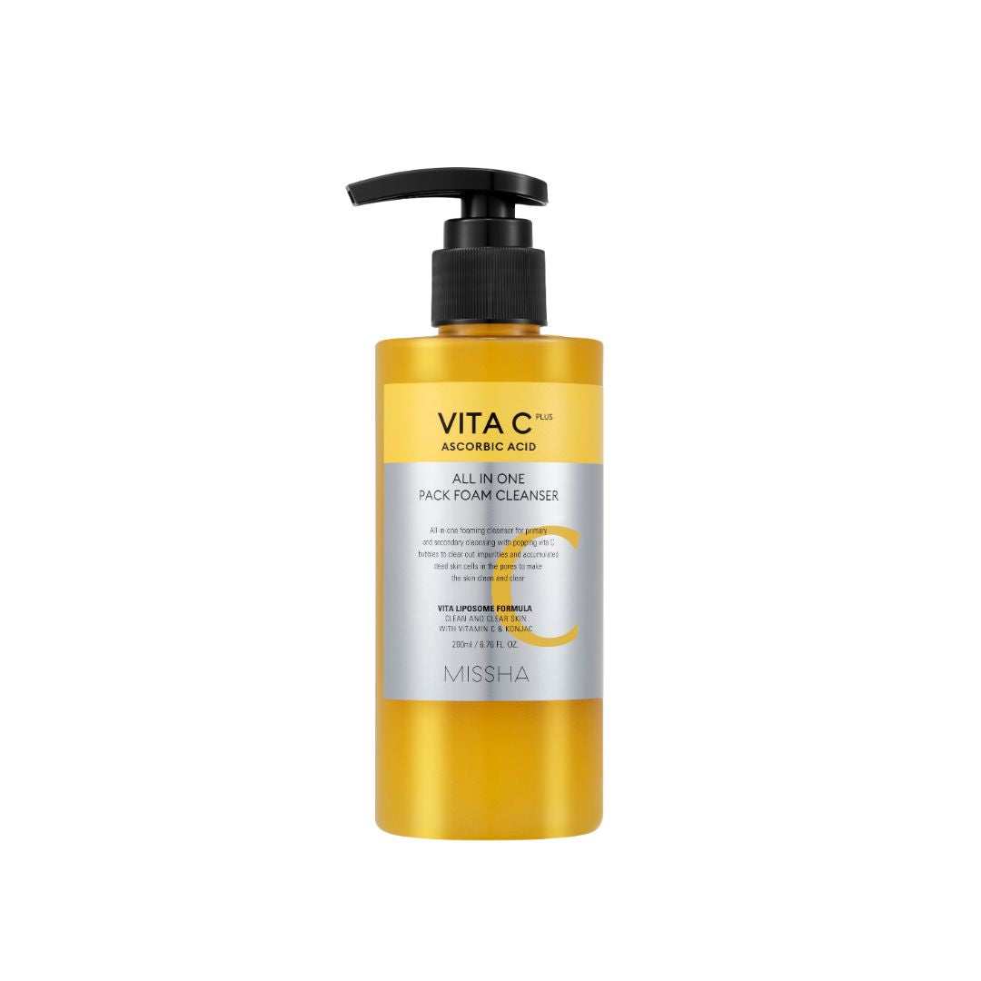 Missha Vita C Plus All In One Pack foam cleanser in a 200ml tube, showcasing gel and foam cleansing product.