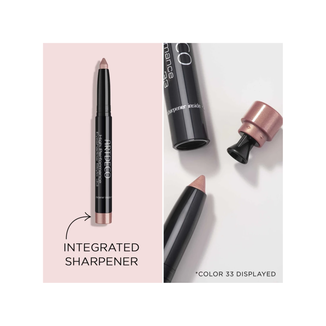 ARTDECO high performance eyeshadow stylo with sleek pen design, showcasing vibrant eye makeup in a close-up view.