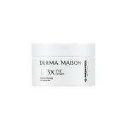 Derma Maison 3X Eye Cream jar showing smooth, white eye cream in a sleek container with a silver lid.