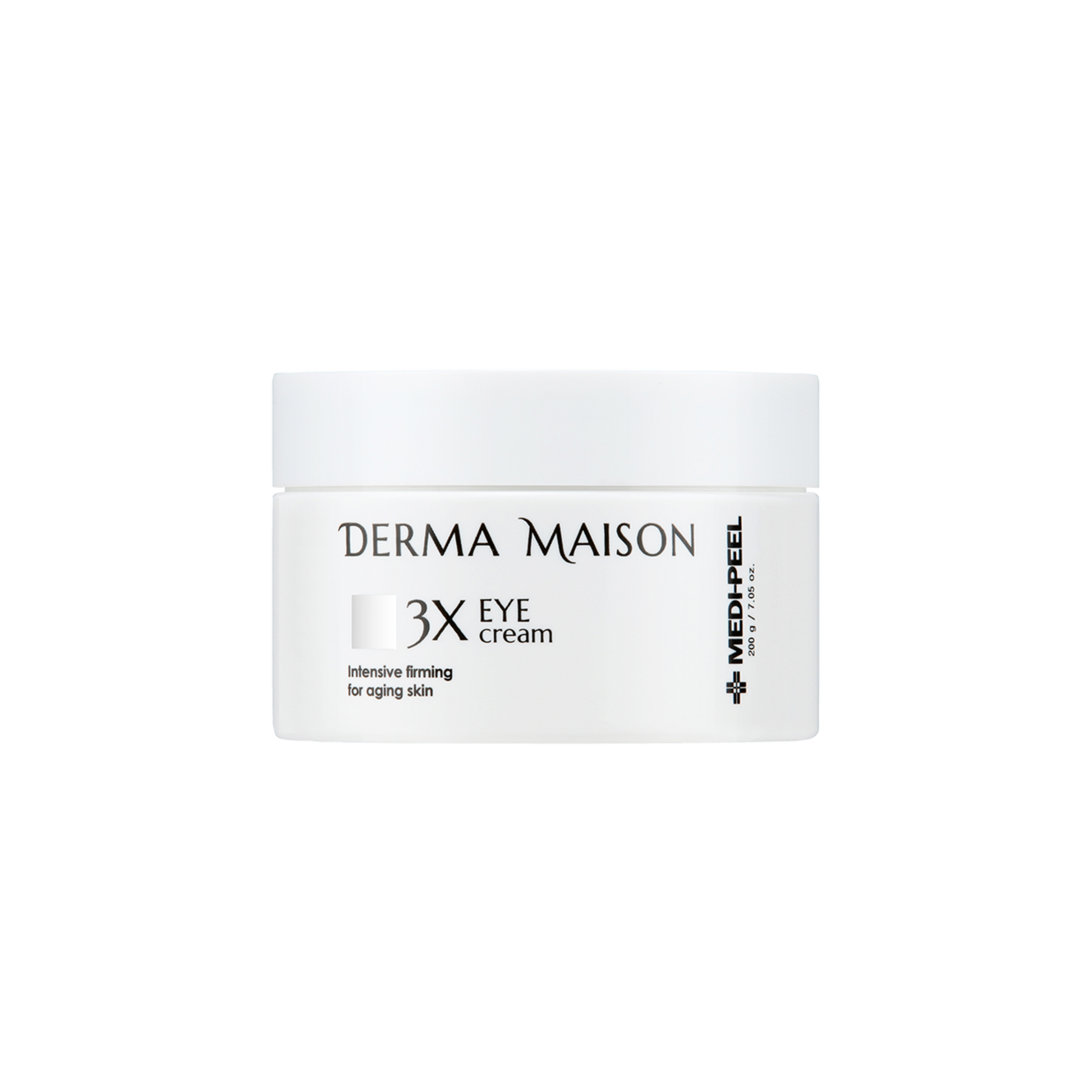 Derma Maison 3X Eye Cream jar showing smooth, white eye cream in a sleek container with a silver lid.
