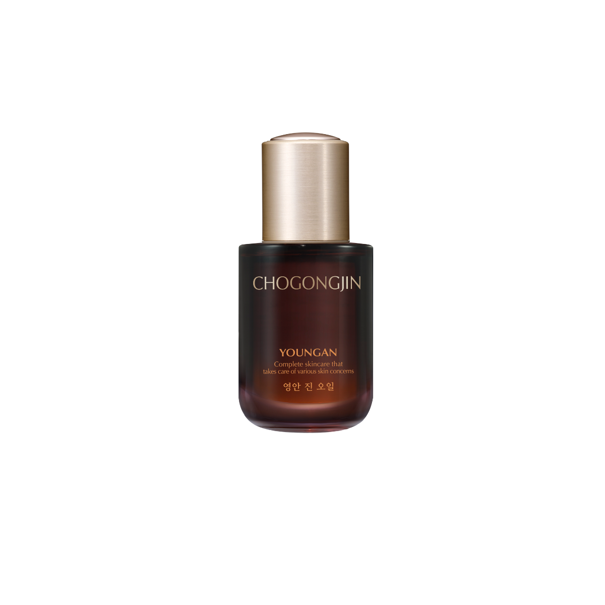 Youngan Jin Face Oil by Chogongjin in a 30ml bottle, showing the clear liquid and elegant packaging.