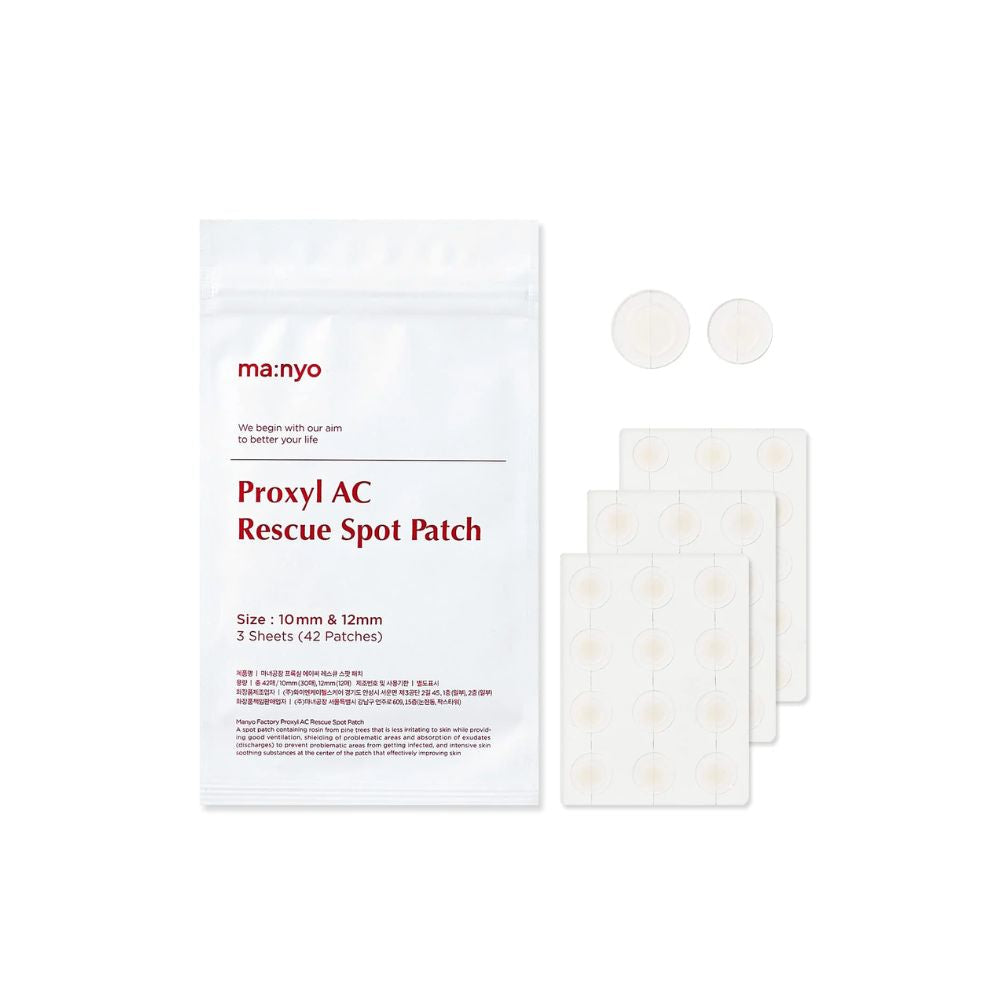 Ma:nyo AC Rescue Ampoule Spot Patch on skin, showing clear adhesive patch designed for acne spot treatment.