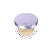 Missha Layering Fit Cushion Semimatte 15g foundation in four shades, showing compact cushion with open case and applicator.