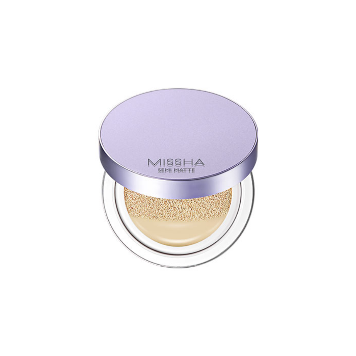 Missha Layering Fit Cushion Semimatte 15g foundation in four shades, showing compact cushion with open case and applicator.