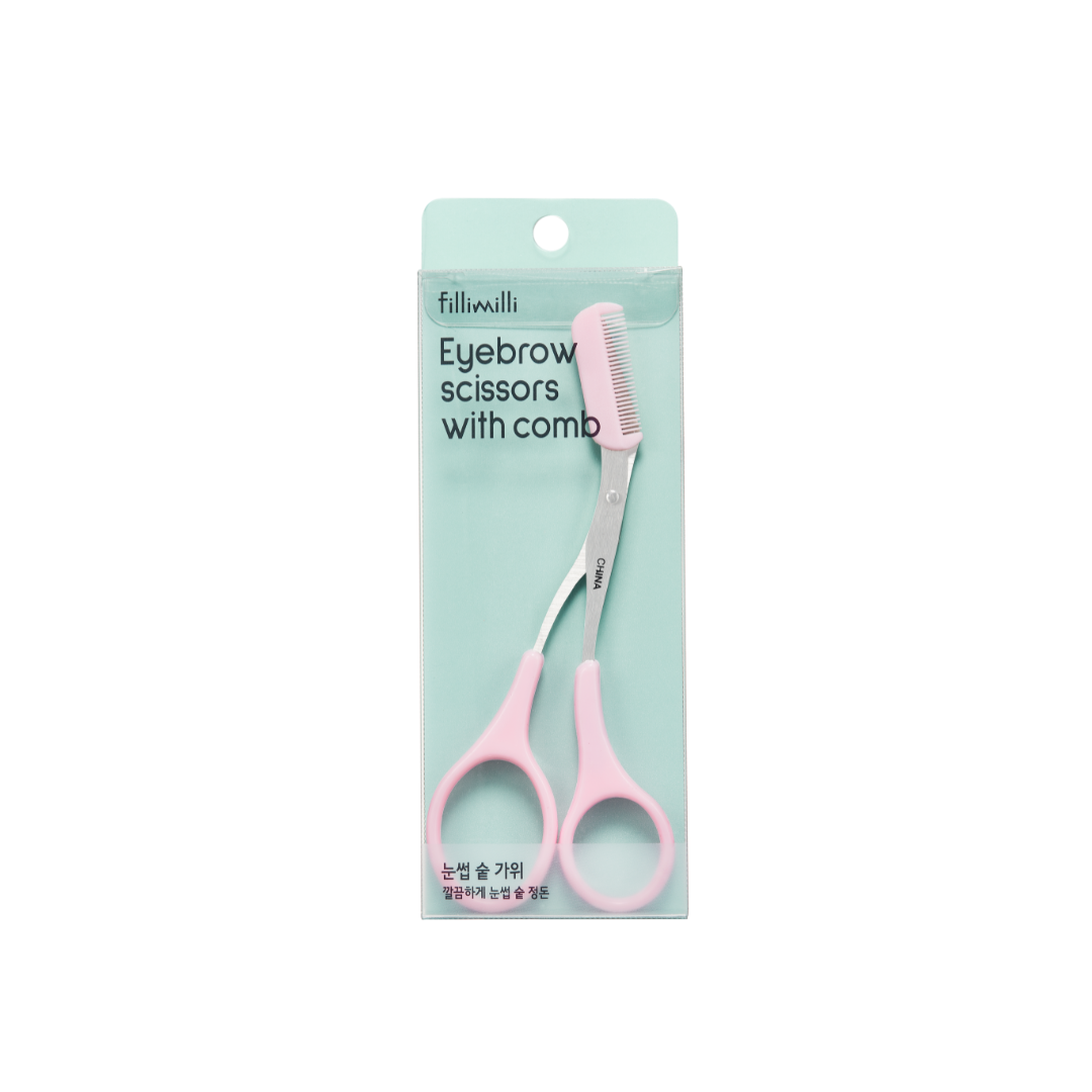 Fillimilli eyebrow scissors with comb for precise eyebrow shaping and grooming, featuring sharp blades and ergonomic design.