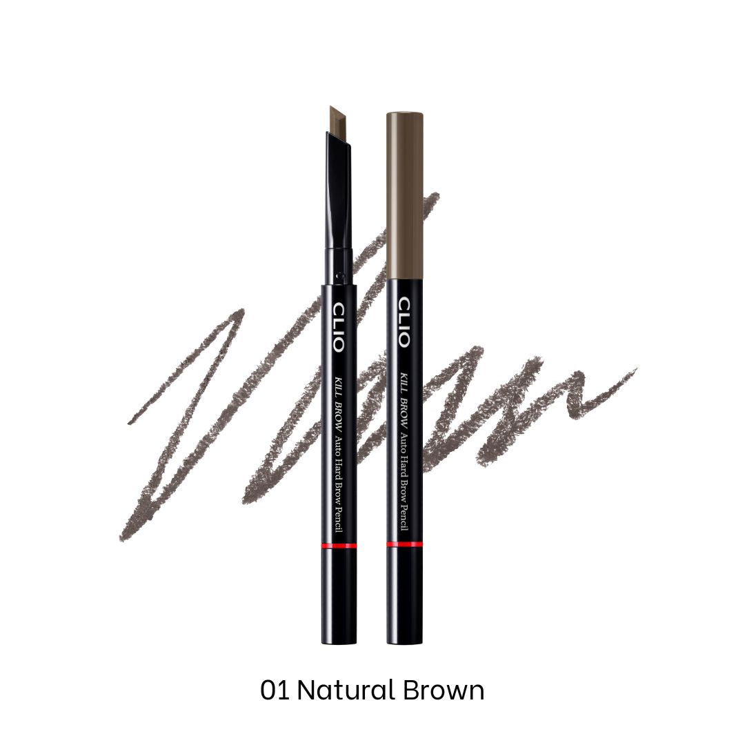 Clio Kill Brow Auto Hard Brow Pencil in natural brown, featuring a close-up of the pencil tip and brow application on skin.