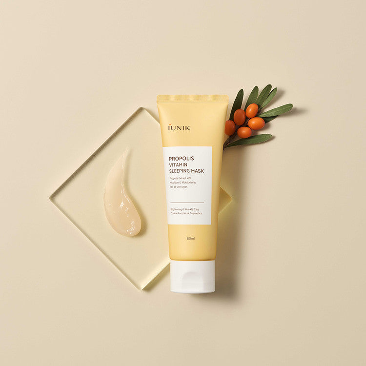 iUNIK Propolis Vitamin Sleeping Mask in 60ml jar, leave-on skincare product with nourishing propolis and vitamin-rich formula.