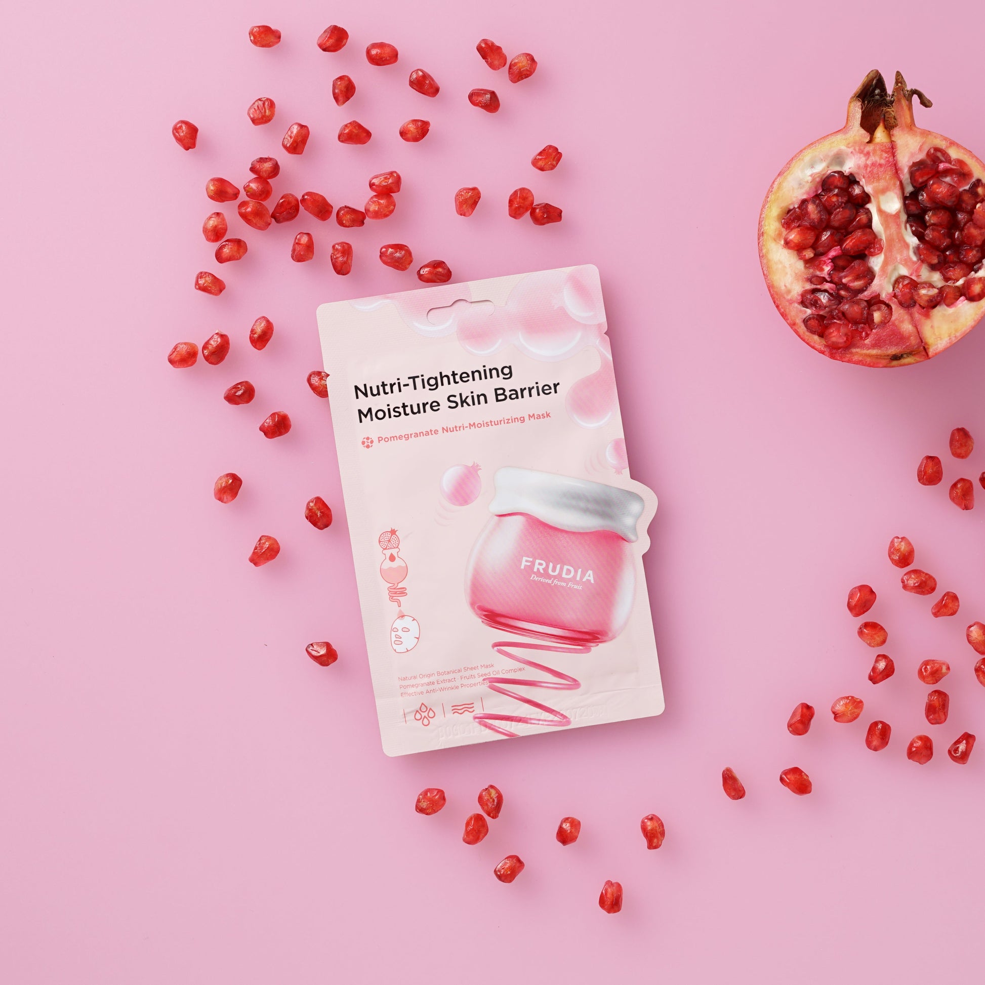Frudia Pomegranate Nutri-Moisturizing Sheet Mask with pomegranate extract and hydrating ingredients, displayed on a clean background.