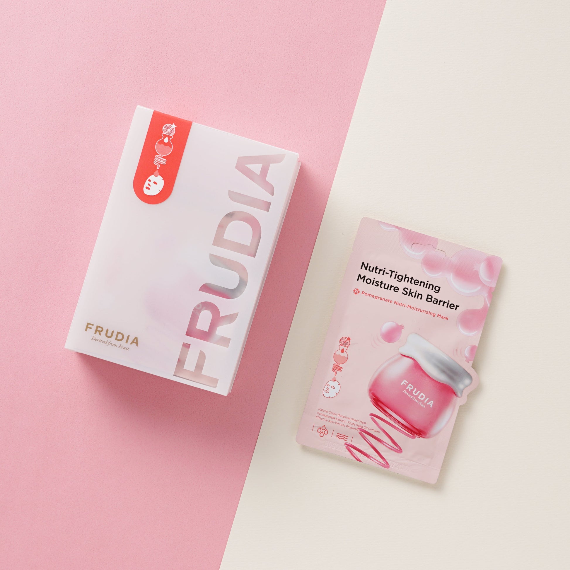 Frudia Pomegranate Nutri-Moisturizing Sheet Mask showing the mask sheet with pomegranate extract for hydrating skin.