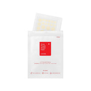 COSRX Acne Pimple Master Patches, 24 clear spot patches for acne treatment, shown on skin in this close-up image.