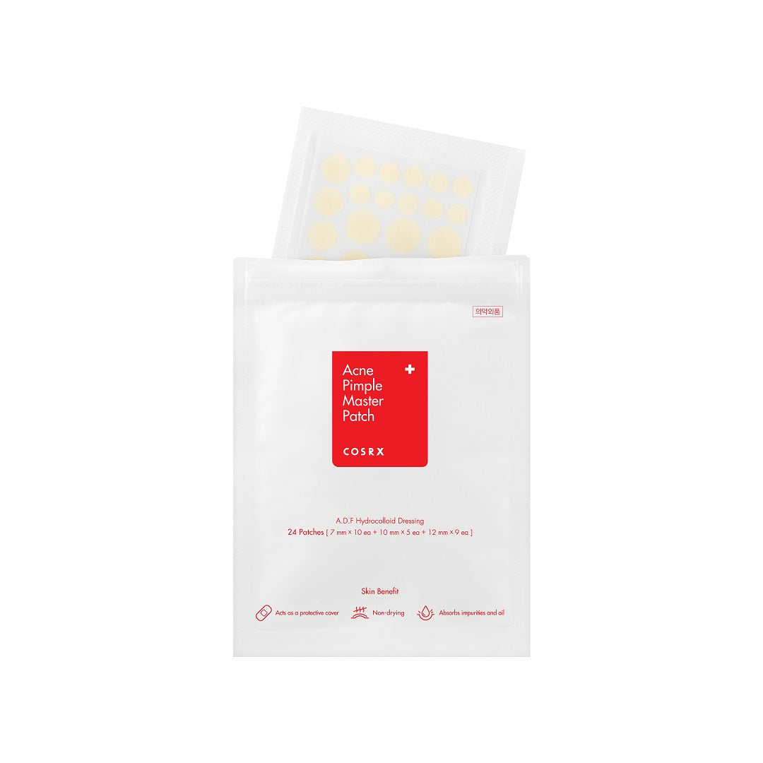 COSRX Acne Pimple Master Patches, 24 clear spot patches for acne treatment, shown on skin in this close-up image.