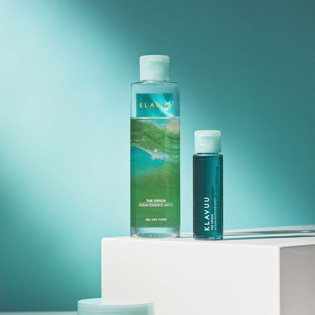 Klavuu The Origin Ocean Essence Water and Booster Shot toner bottles with blue and white packaging.