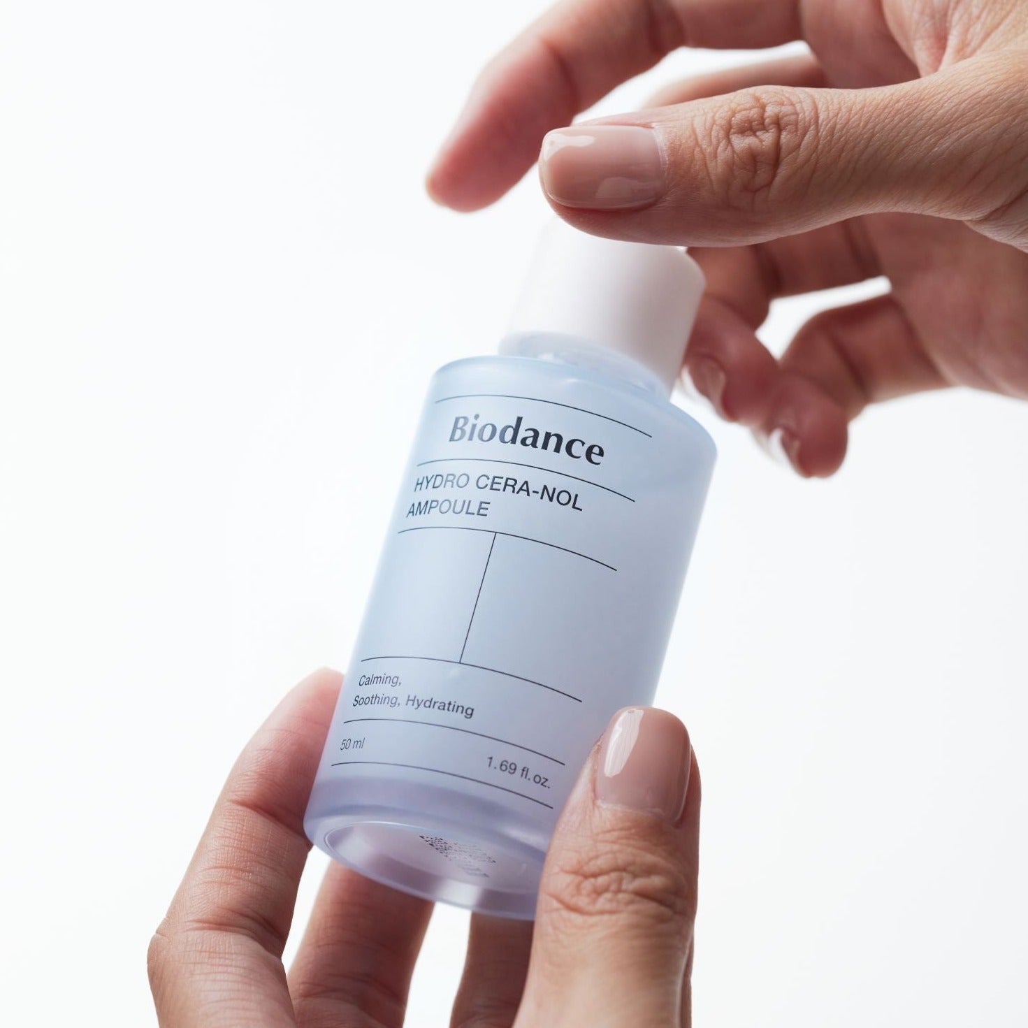 Biodance Hydro Cera-nol Ampoule 50ml bottle with clear liquid and dropper for skincare hydration and skin barrier support.