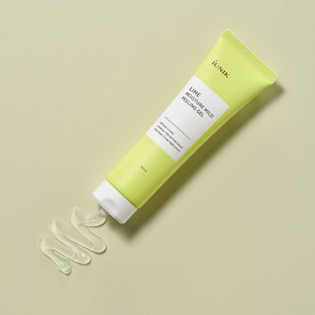 iUNIK Lime Moisture Mild Peeling Gel in a 120ml tube, exfoliating and moisturizing skincare product with lime extract.