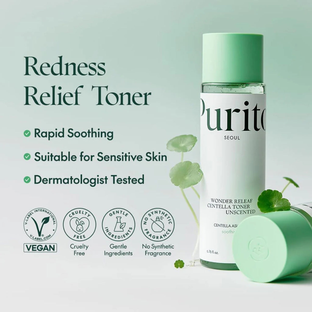 Purito Seoul Wonder Releaf Centella Toner Unscented bottle with white cap and clear label, placed on a white background.