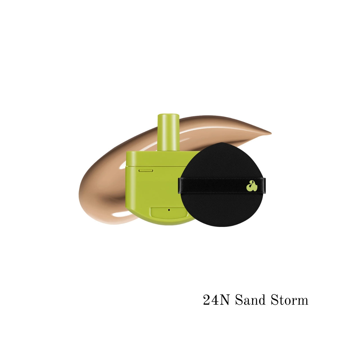Unleashia Satin Wear Healthy-Green Cushion Foundation compact with open mirror and applicator sponge on a neutral background.