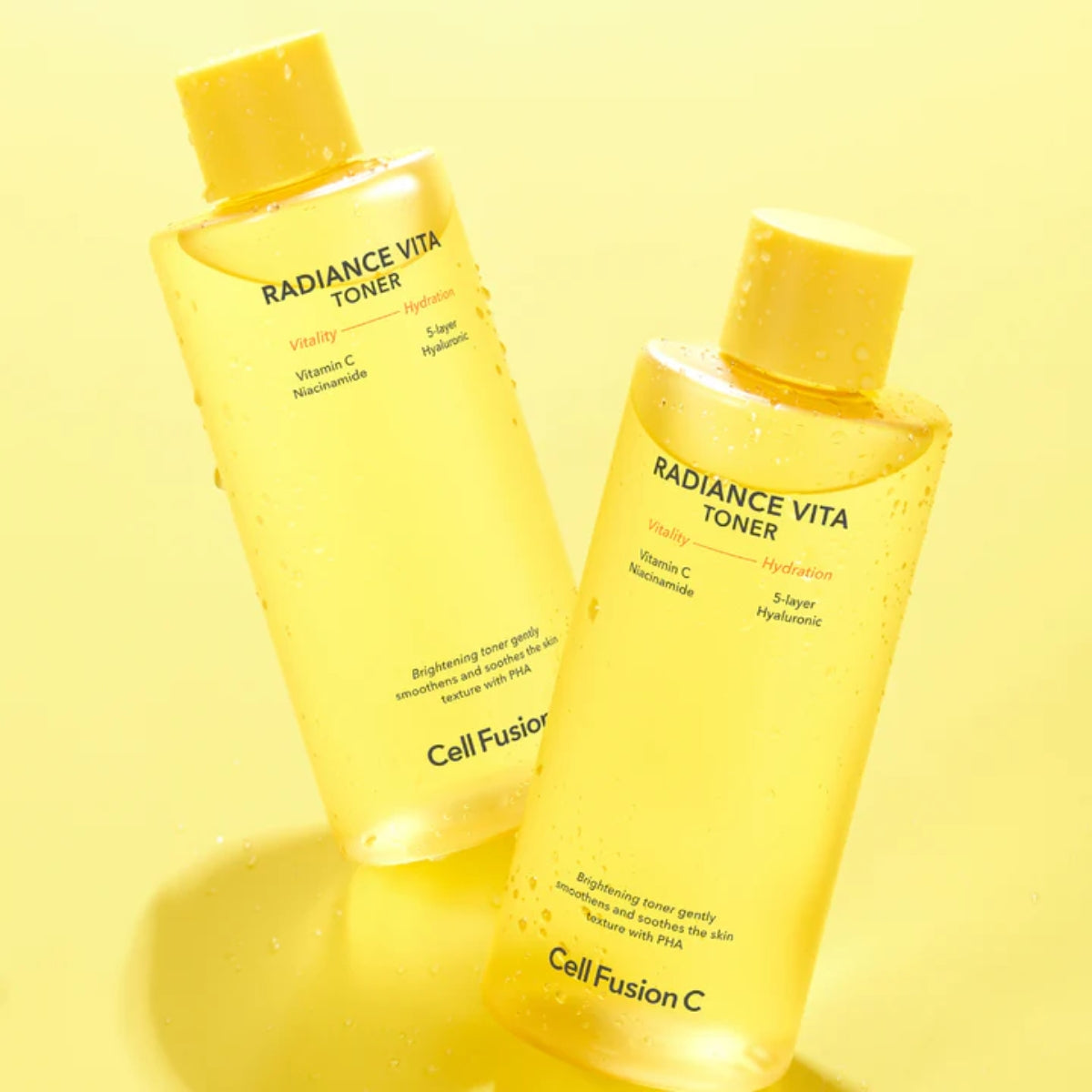Cell Fusion C Radiance Vita Toner in 300ml bottle, clear liquid with a white cap, designed for brightening skin.